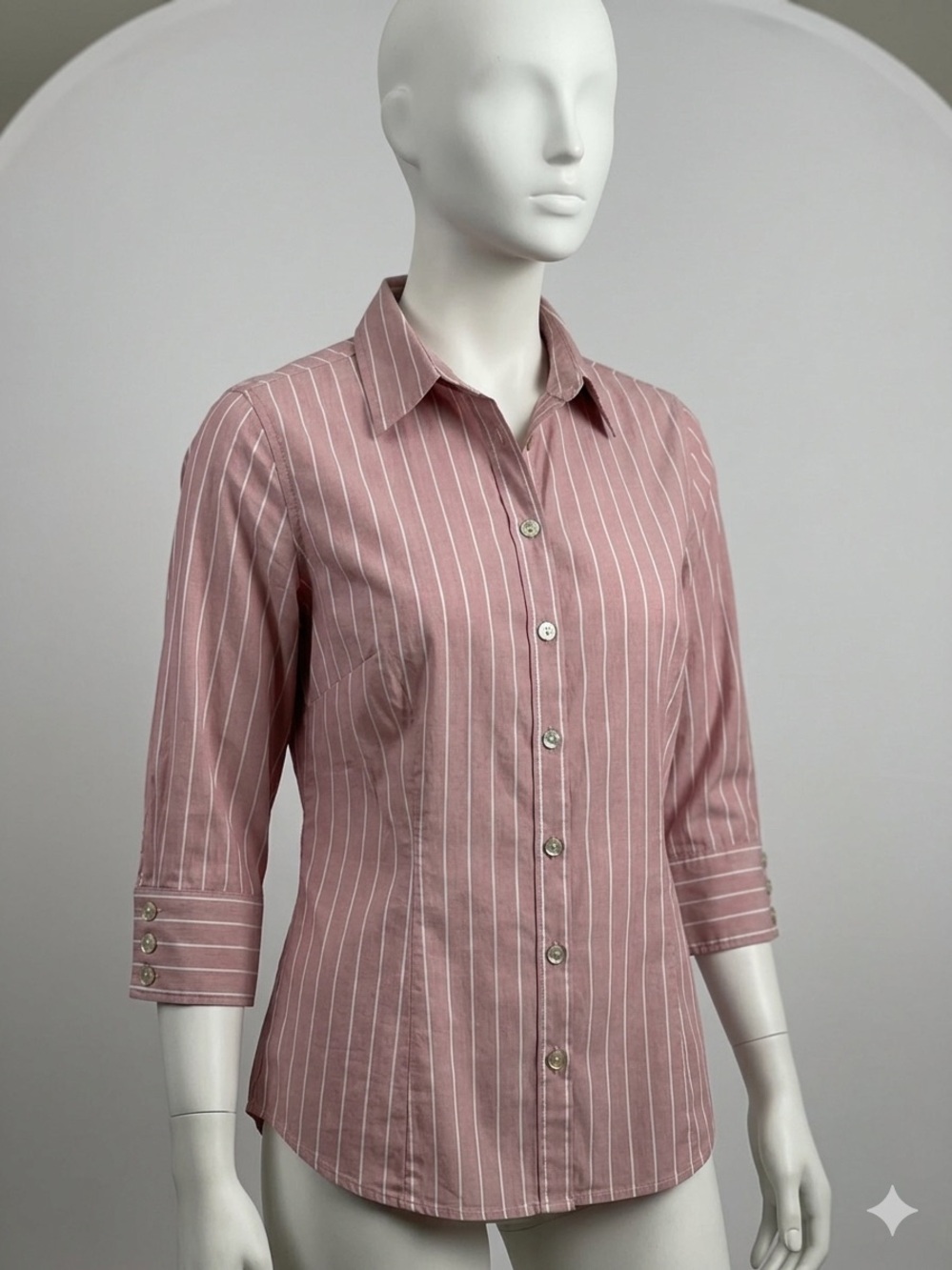 Chico's Rose Pink Vertical-Striped Button-Down Shirt sleeves3/4